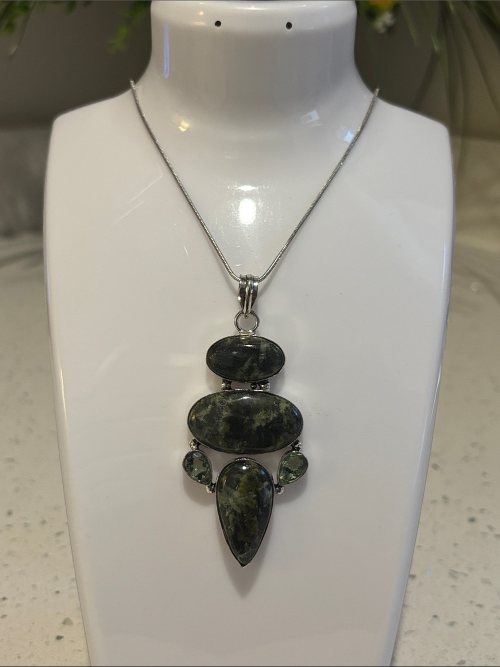 Sterling Silver Dark Green Moss Agate & Peridot Gemstone Pendant Necklace